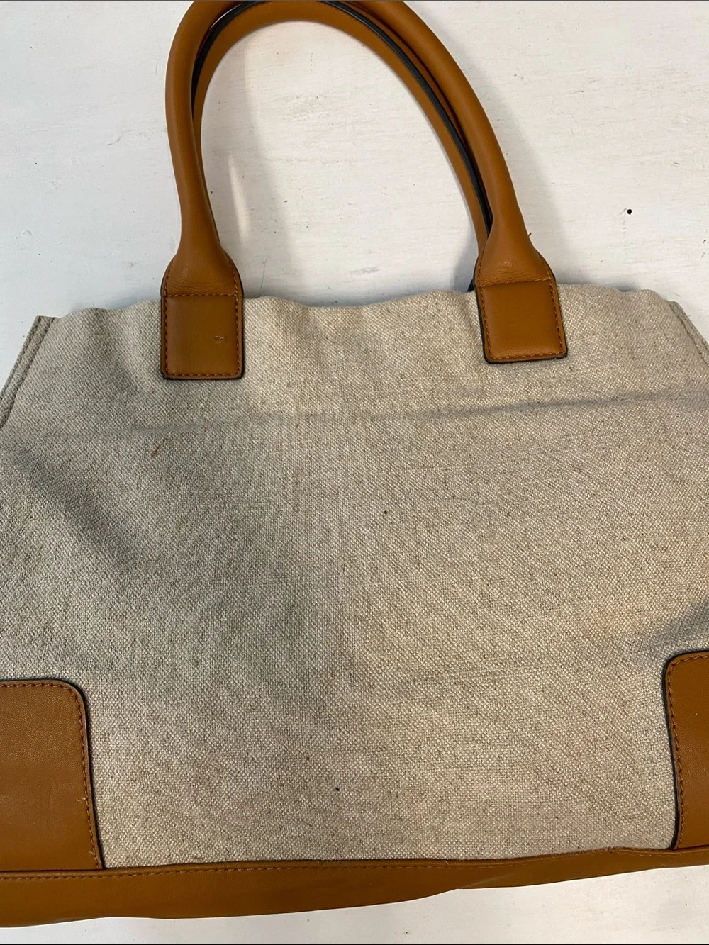 Tory Burch Canvas Tote with Tan Leather Trim and Embroidered Medallion